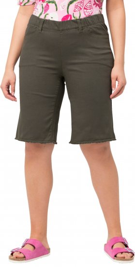Ulla Popken Frayed Hemline Elastic Waistband Bermuda Shorts Loden Green - Τζιν & Παντελόνια για Γυναίκες σε Μεγάλες Μεγέθη – Plus Size - 