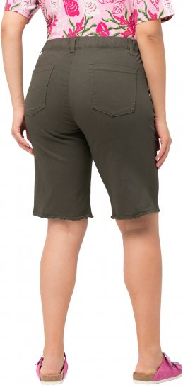 Ulla Popken Frayed Hemline Elastic Waistband Bermuda Shorts Loden Green - Τζιν & Παντελόνια για Γυναίκες σε Μεγάλες Μεγέθη – Plus Size - 