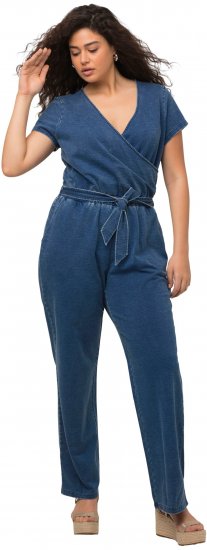 Ulla Popken Wrap Look Short Sleeve Denim Jumpsuit Blue - Τζιν & Παντελόνια για Γυναίκες σε Μεγάλες Μεγέθη – Plus Size - 