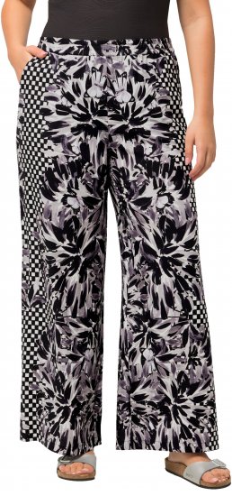 Ulla Popken Checkered Floral Elastic Waist Palazzo Paints Black - Τζιν & Παντελόνια για Γυναίκες σε Μεγάλες Μεγέθη – Plus Size - 