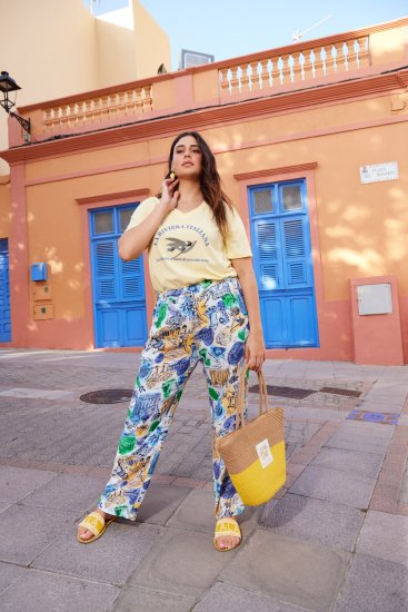 Ulla Popken Italy Print Elastic Waist Pants White - Τζιν & Παντελόνια για Γυναίκες σε Μεγάλες Μεγέθη – Plus Size - 