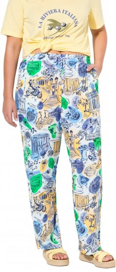 Ulla Popken Italy Print Elastic Waist Pants White - Τζιν & Παντελόνια για Γυναίκες σε Μεγάλες Μεγέθη – Plus Size - 
