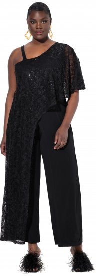 Ulla Popken Asymmetric Lace Panel Jumpsuit Black - Τζιν & Παντελόνια για Γυναίκες σε Μεγάλες Μεγέθη – Plus Size - 