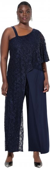 Ulla Popken Asymmetric Lace Panel Jumpsuit Navy - Τζιν & Παντελόνια για Γυναίκες σε Μεγάλες Μεγέθη – Plus Size - 