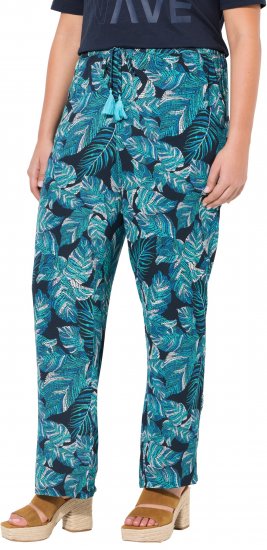 Ulla Popken Tropical Leaf Print Elastic Waist Pants Blue - Τζιν & Παντελόνια για Γυναίκες σε Μεγάλες Μεγέθη – Plus Size - 