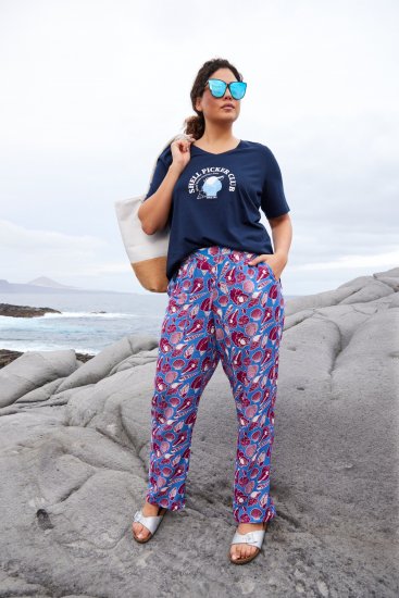 Ulla Popken Seashell Print Elastic Waist Pants Blue - Τζιν & Παντελόνια για Γυναίκες σε Μεγάλες Μεγέθη – Plus Size - 