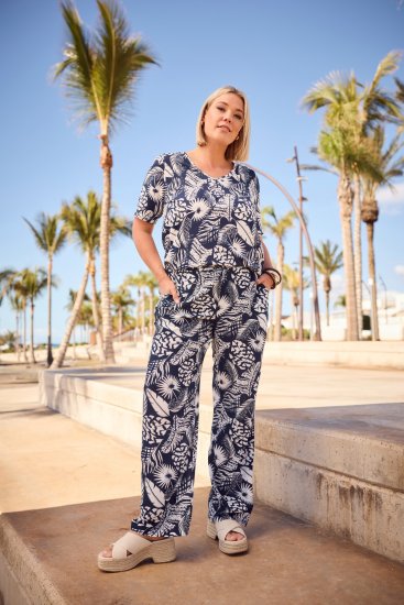 Ulla Popken Feather Print Elastic Waist Pants Blue - Τζιν & Παντελόνια για Γυναίκες σε Μεγάλες Μεγέθη – Plus Size - 