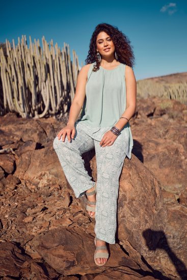 Ulla Popken Mosaic Print Elastic Waist Pants White - Τζιν & Παντελόνια για Γυναίκες σε Μεγάλες Μεγέθη – Plus Size - 