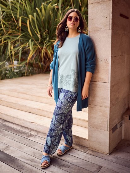 Ulla Popken Patchwork Paisley Elastic Waist Pants Blue - Τζιν & Παντελόνια για Γυναίκες σε Μεγάλες Μεγέθη – Plus Size - 