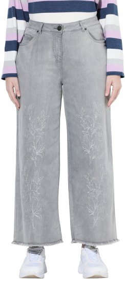 Ulla Popken Embroidered Wide Leg Fringed Hem Jeans Grey - Τζιν & Παντελόνια για Γυναίκες σε Μεγάλες Μεγέθη – Plus Size - 