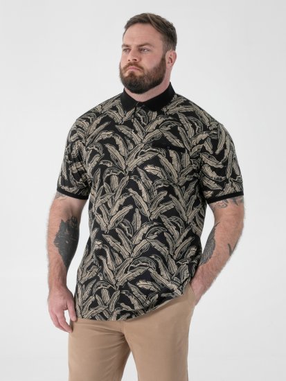 D555 Palmer Leaf Printed Jacquard Collar & Cuff Chest Pocket Polo Black - Πόλο μπλουζάκια - Aνδρικά μπλουζακια πολο μεγάλα μεγέθη
