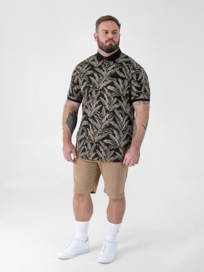 D555 Palmer Leaf Printed Jacquard Collar & Cuff Chest Pocket Polo Black - Πόλο μπλουζάκια - Aνδρικά μπλουζακια πολο μεγάλα μεγέθη