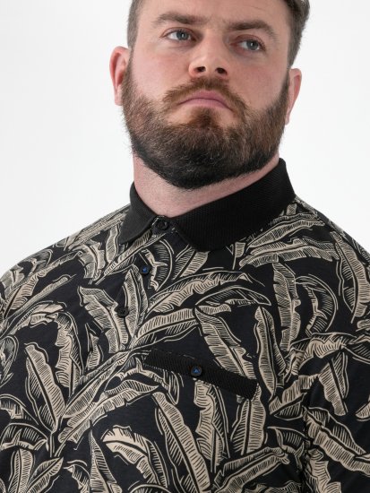 D555 Palmer Leaf Printed Jacquard Collar & Cuff Chest Pocket Polo Black - Πόλο μπλουζάκια - Aνδρικά μπλουζακια πολο μεγάλα μεγέθη