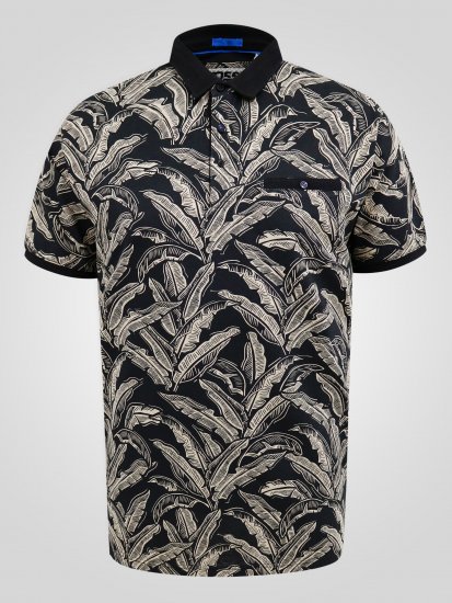 D555 Palmer Leaf Printed Jacquard Collar & Cuff Chest Pocket Polo Black - Πόλο μπλουζάκια - Aνδρικά μπλουζακια πολο μεγάλα μεγέθη