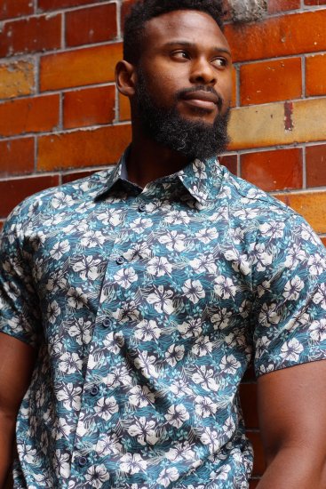 Kam Jeans 6061 Hibiscus Floral Print Short Sleeve Shirt Midnight Blue - Πουκάμισα - Aνδρικά πουκαμισα μεγαλα μεγάλα μεγέθη