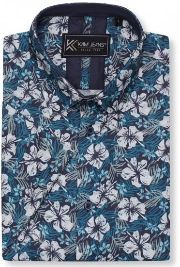 Kam Jeans 6061 Hibiscus Floral Print Short Sleeve Shirt Midnight Blue - Πουκάμισα - Aνδρικά πουκαμισα μεγαλα μεγάλα μεγέθη