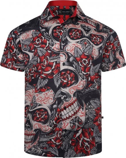 Kam Jeans 6062 Skull And Roses Print Short Sleeve Shirt Black - Πουκάμισα - Aνδρικά πουκαμισα μεγαλα μεγάλα μεγέθη