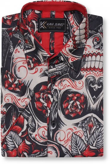 Kam Jeans 6062 Skull And Roses Print Short Sleeve Shirt Black - Πουκάμισα - Aνδρικά πουκαμισα μεγαλα μεγάλα μεγέθη