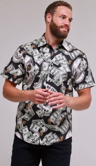 Kam Jeans 6064 Dollar Bills Print Short Sleeve Shirt Black - Πουκάμισα - Aνδρικά πουκαμισα μεγαλα μεγάλα μεγέθη