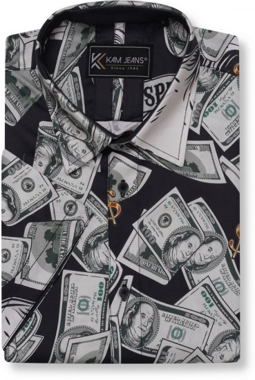 Kam Jeans 6064 Dollar Bills Print Short Sleeve Shirt Black - Πουκάμισα - Aνδρικά πουκαμισα μεγαλα μεγάλα μεγέθη