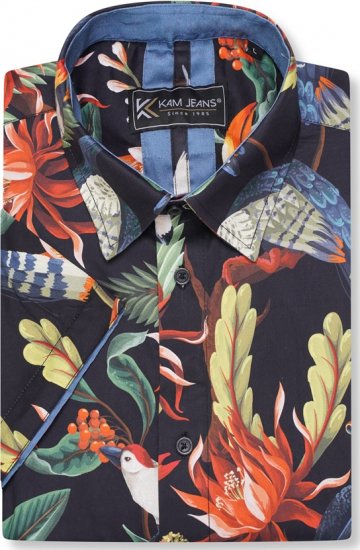 Kam Jeans 6066 Bird Print Short Sleeve Shirt Navy - Πουκάμισα - Aνδρικά πουκαμισα μεγαλα μεγάλα μεγέθη