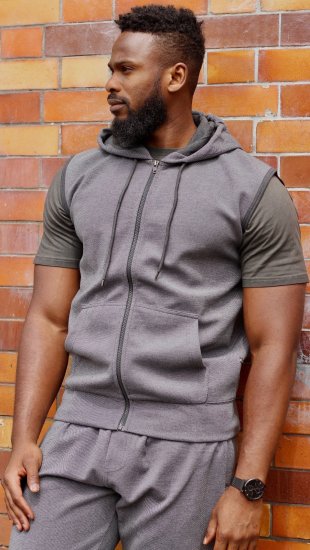 Kam Jeans 7077 Textured Interlock Sleeveless Hoodie Charcoal - φούτερ/Φούτερ με κουκούλα - φούτερ/Φούτερ με κουκούλα ανδρικά μεγάλα μεγέθη 