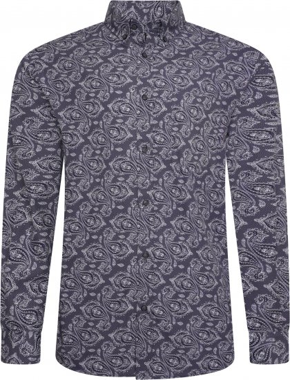 Kam Jeans P022 Premium Paisley Print Cotton Long Sleeve Shirt with Satin Finish Navy - Πουκάμισα - Aνδρικά πουκαμισα μεγαλα μεγάλα μεγέθη