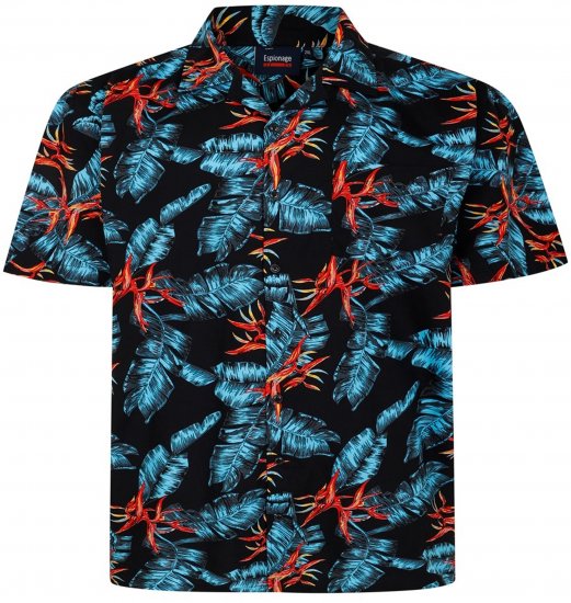 Espionage SH435 All Over Leaf Print Short Sleeve Shirt Black - Κοντομάνικα πουκάμισα - Κοντομάνικα πουκάμισα μεγάλα μεγέθη