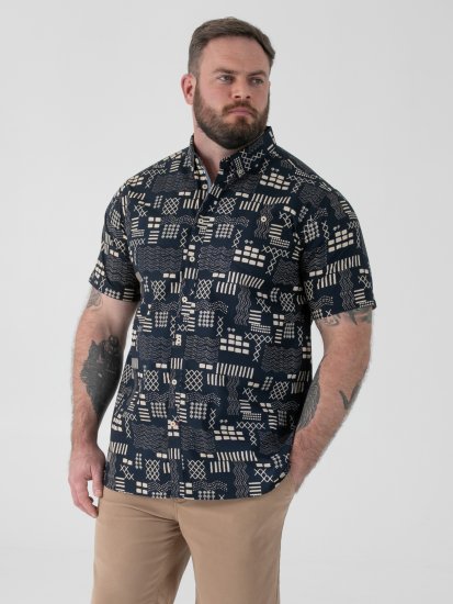 D555 Rick Geometric Print Short Sleeve Shirt Navy - Πουκάμισα - Aνδρικά πουκαμισα μεγαλα μεγάλα μεγέθη