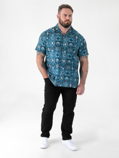 D555 Hawkins Printed Cuban Collar Resort Short Sleeve Shirt Teal - Πουκάμισα - Aνδρικά πουκαμισα μεγαλα μεγάλα μεγέθη