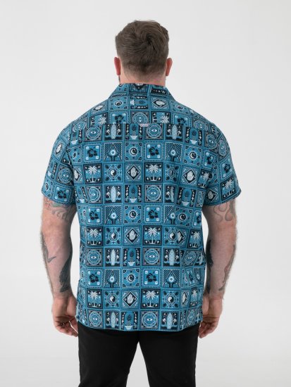 D555 Hawkins Printed Cuban Collar Resort Short Sleeve Shirt Teal - Πουκάμισα - Aνδρικά πουκαμισα μεγαλα μεγάλα μεγέθη