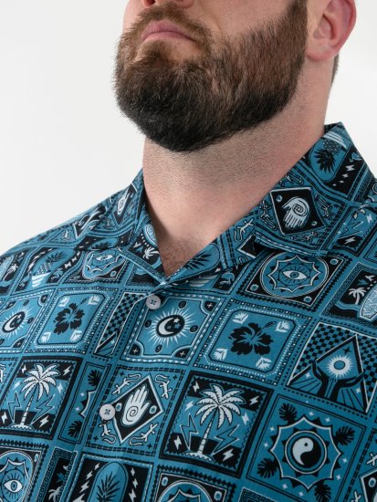 D555 Hawkins Printed Cuban Collar Resort Short Sleeve Shirt Teal - Πουκάμισα - Aνδρικά πουκαμισα μεγαλα μεγάλα μεγέθη