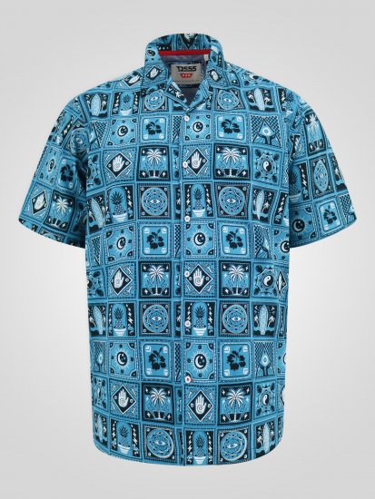 D555 Hawkins Printed Cuban Collar Resort Short Sleeve Shirt Teal - Πουκάμισα - Aνδρικά πουκαμισα μεγαλα μεγάλα μεγέθη