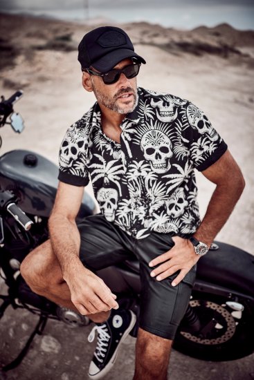 JP1880 Skull Pattern Jersey Short Sleeve Shirt Black - Πουκάμισα - Aνδρικά πουκαμισα μεγαλα μεγάλα μεγέθη