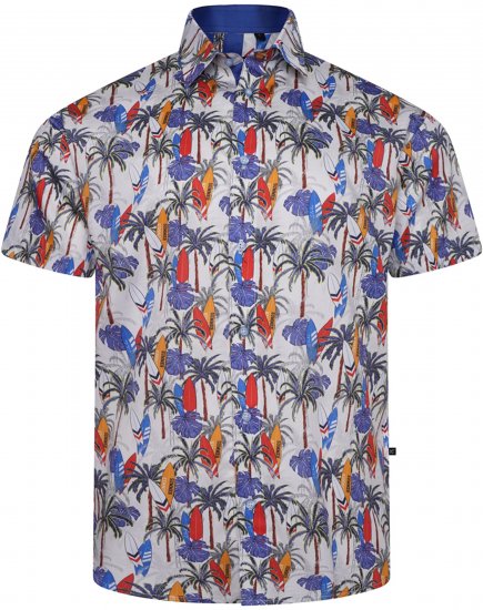 Kam Jeans 6060 Palm Tree and Surf Boards Short Sleeve Shirt White - Πουκάμισα - Aνδρικά πουκαμισα μεγαλα μεγάλα μεγέθη