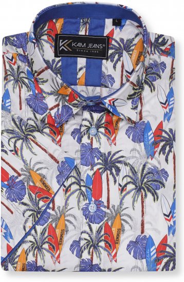 Kam Jeans 6060 Palm Tree and Surf Boards Short Sleeve Shirt White - Πουκάμισα - Aνδρικά πουκαμισα μεγαλα μεγάλα μεγέθη