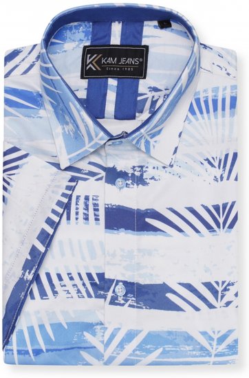 Kam Jeans 6065 Faded Leaf Short Sleeve Shirt Blue - Πουκάμισα - Aνδρικά πουκαμισα μεγαλα μεγάλα μεγέθη