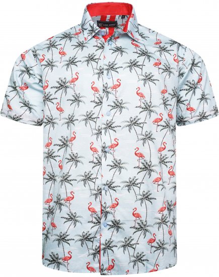 Kam Jeans 6067 Flamingo and Palm Tree Short Sleeve Shirt Blue - Πουκάμισα - Aνδρικά πουκαμισα μεγαλα μεγάλα μεγέθη