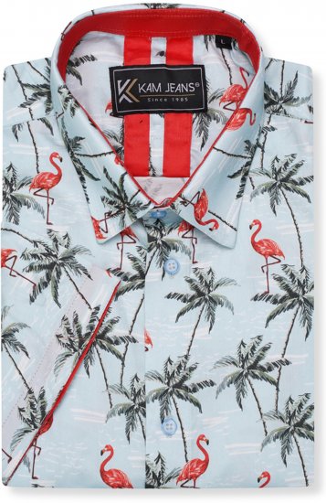 Kam Jeans 6067 Flamingo and Palm Tree Short Sleeve Shirt Blue - Πουκάμισα - Aνδρικά πουκαμισα μεγαλα μεγάλα μεγέθη