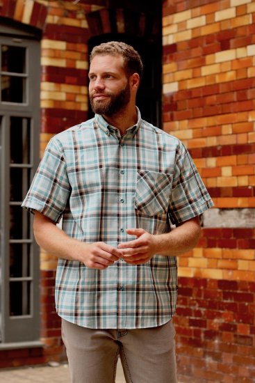 Kam Jeans 6339 Checked Short Sleeve Shirt Mineral Blue - Πουκάμισα - Aνδρικά πουκαμισα μεγαλα μεγάλα μεγέθη