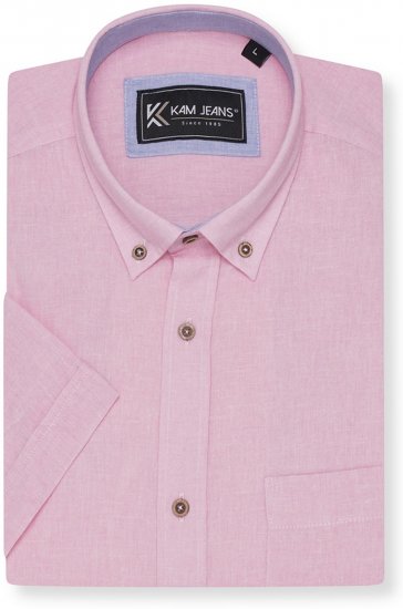 Kam Jeans 6340 Linen Mix Short Sleeve Shirt Pink - Πουκάμισα - Aνδρικά πουκαμισα μεγαλα μεγάλα μεγέθη