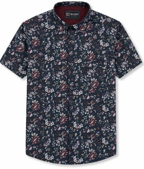 Kam Jeans 6387 Floral Print Short Sleeve Shirt Navy - Κοντομάνικα πουκάμισα - Κοντομάνικα πουκάμισα μεγάλα μεγέθη