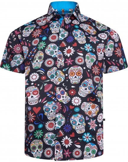 Kam Jeans 6069 Skull Print Short Sleeve Black - Πουκάμισα - Aνδρικά πουκαμισα μεγαλα μεγάλα μεγέθη