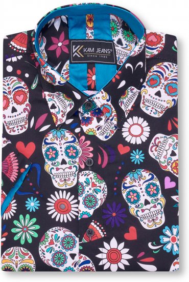 Kam Jeans 6069 Skull Print Short Sleeve Black - Πουκάμισα - Aνδρικά πουκαμισα μεγαλα μεγάλα μεγέθη