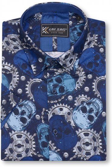 Kam Jeans 6070 Retro Skull Short Sleeve Shirt Navy - Πουκάμισα - Aνδρικά πουκαμισα μεγαλα μεγάλα μεγέθη