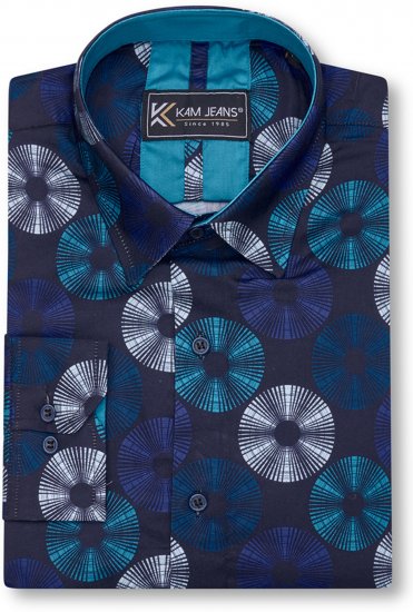 Kam Jeans 6071 Record Print Long Sleeve Shirt Navy - Πουκάμισα - Aνδρικά πουκαμισα μεγαλα μεγάλα μεγέθη