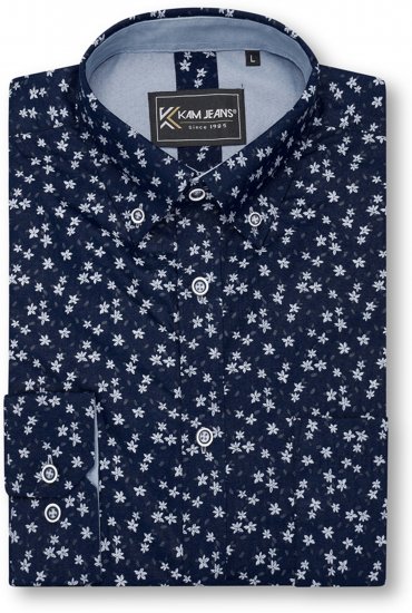 Kam Jeans 6364 All Over Floral Print Long Sleeve Shirt Navy - Πουκάμισα - Aνδρικά πουκαμισα μεγαλα μεγάλα μεγέθη