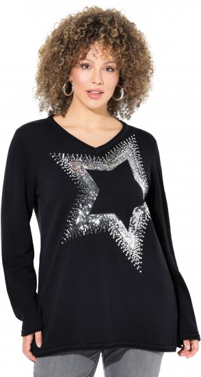 Ulla Popken Sequined Star Rolled Edge Sweater Black - φούτερ/Φούτερ με κουκούλα - 