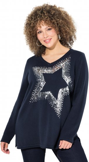 Ulla Popken Sequined Star Rolled Edge Sweater Navy - φούτερ/Φούτερ με κουκούλα - 