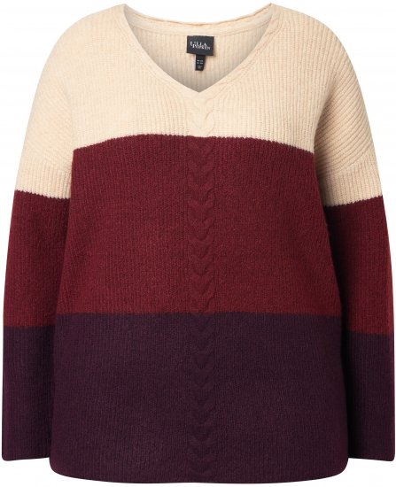 Ulla Popken Cable Knit Block Stripe V-Neck Sweater Dark Ruby - φούτερ/Φούτερ με κουκούλα - 
